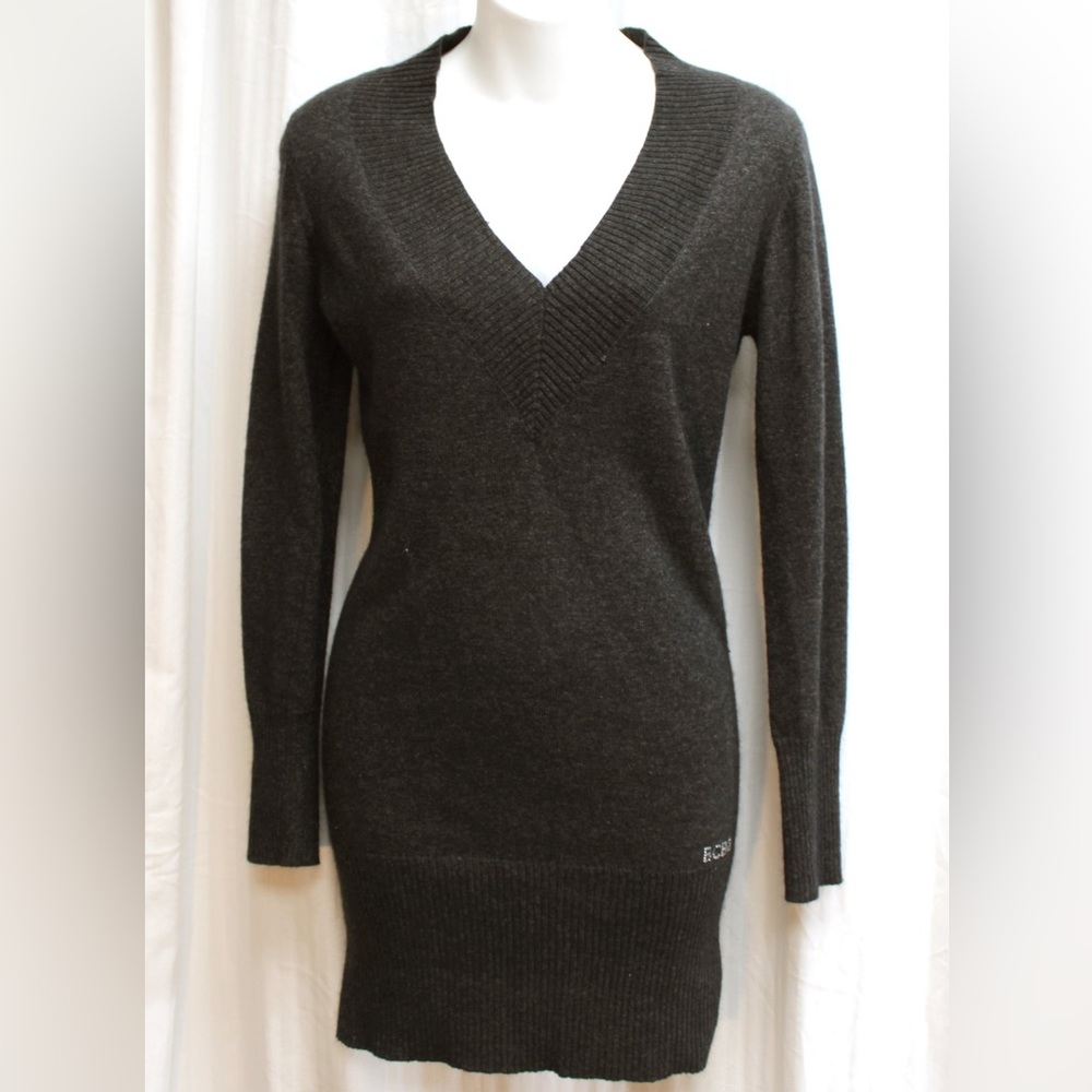 BCBG Maxazria - Wool & Angora Blend V-Neck Charcoal Black Mini Sweater Dress